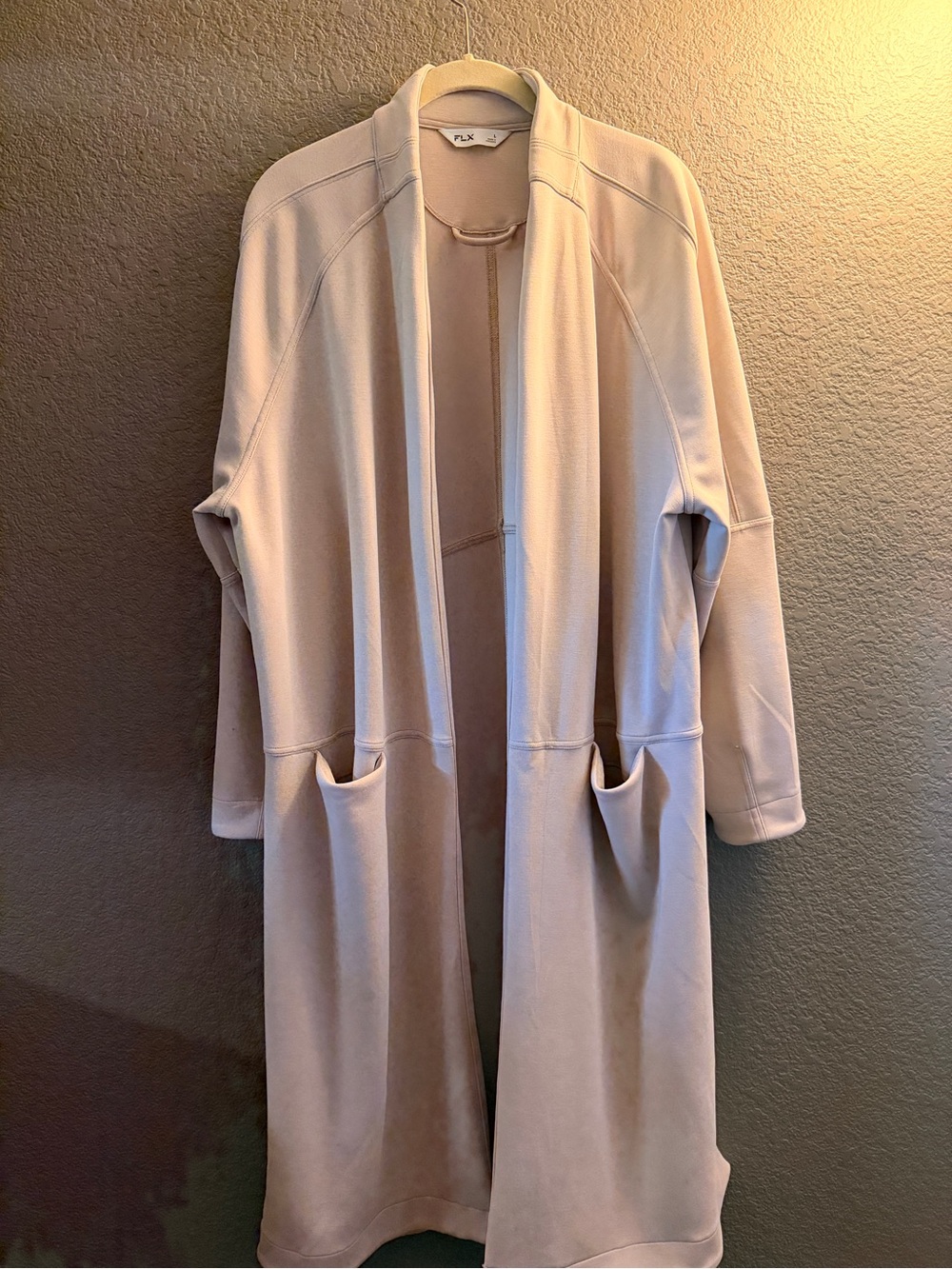 FLX Long Open Front Cardigan Duster Pockets Beige Taupe L
